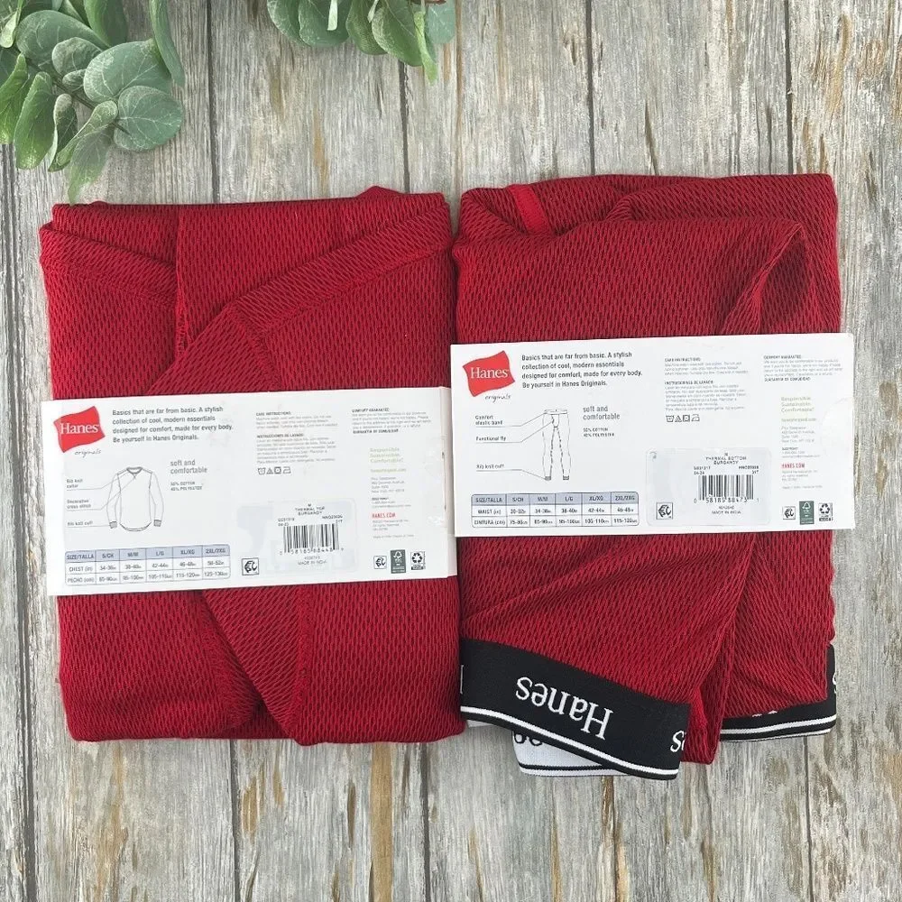 Mens Hanes Originals Raschel Reversible Knit Thermal Top & Bottom Size M